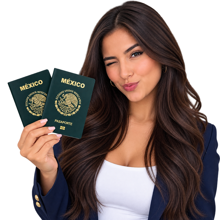Clienta sonriente sosteniendo dos pasaportes mexicanos