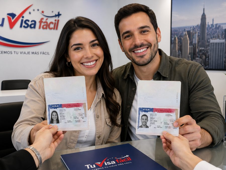 Pareja mostrando sus visas americanas aprobadas tras un trámite de renovación con Tu Visa Fácil